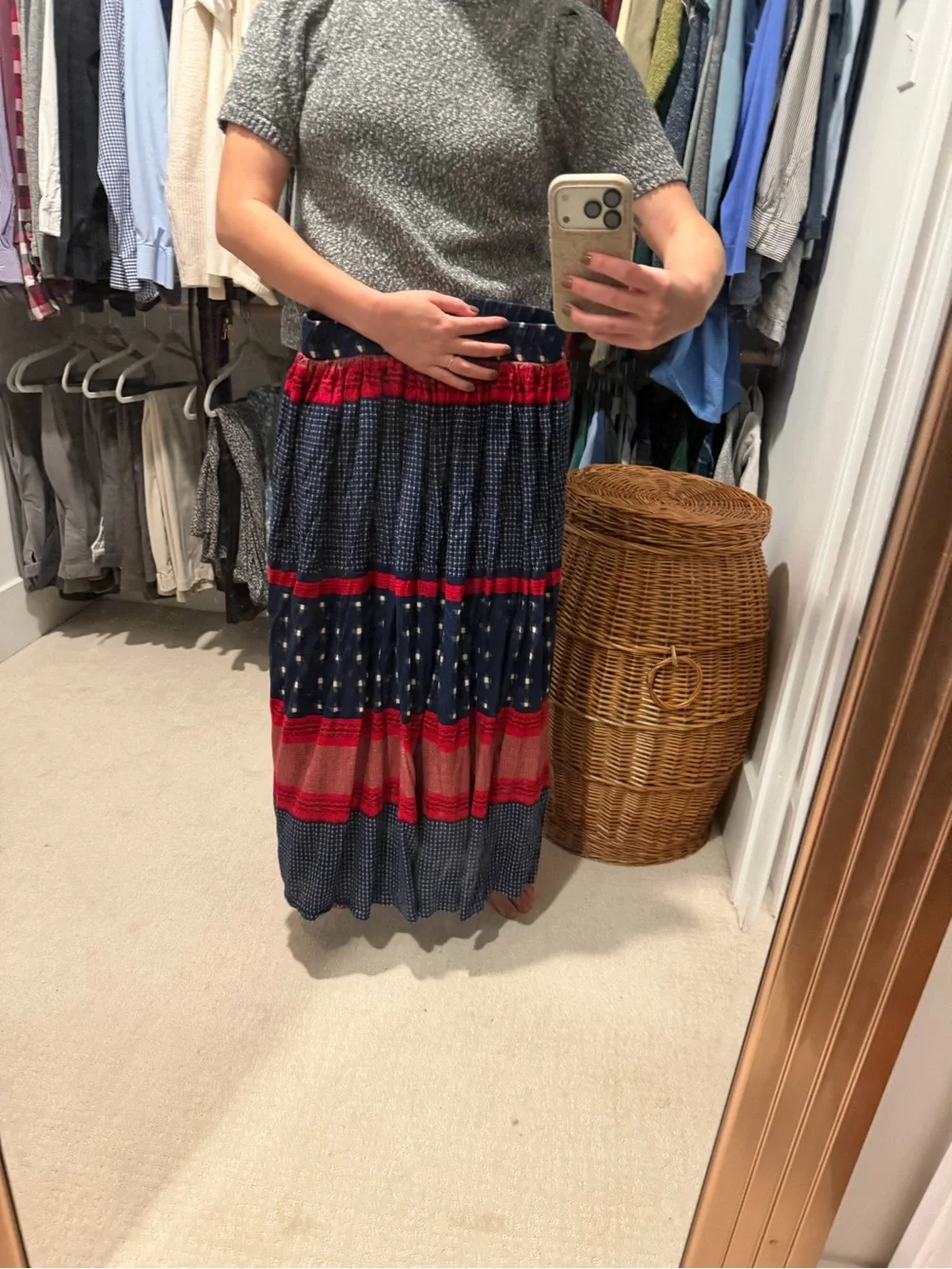 Vintage Americana navy blue and red with white polka dots maxi skirt